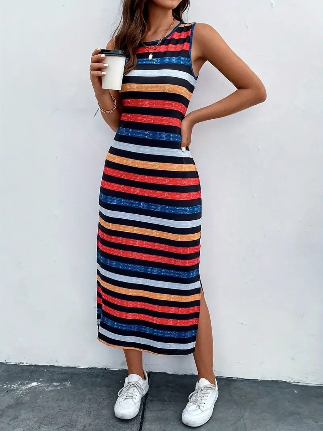 Slit Printed Round Neck Sleeveless Dress Orange-Red S 