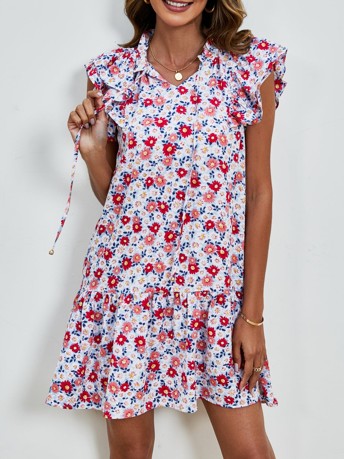 Tied Floral Cap Sleeve Mini Dress   