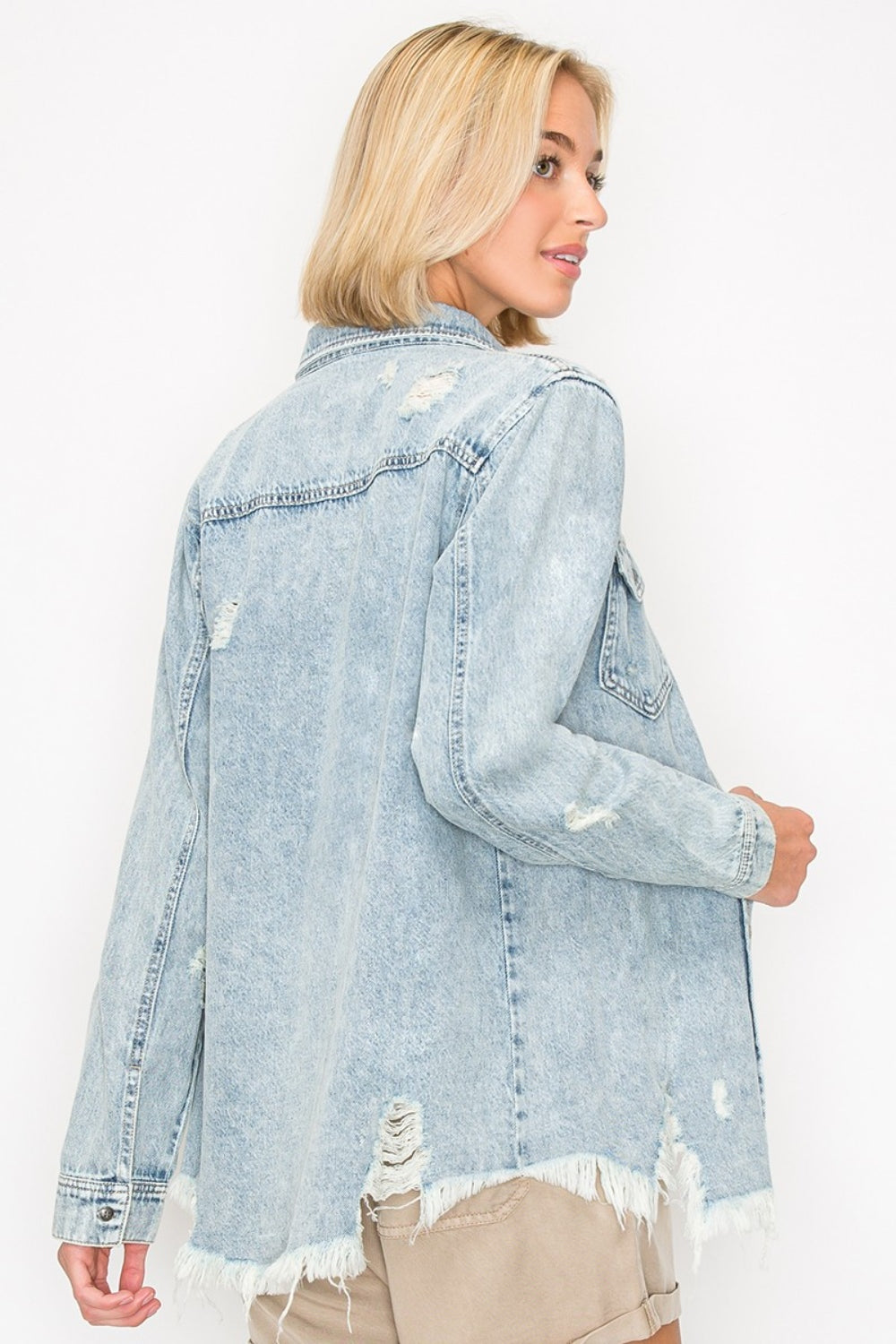 RISEN Button Up Distressed Denim Shirt   