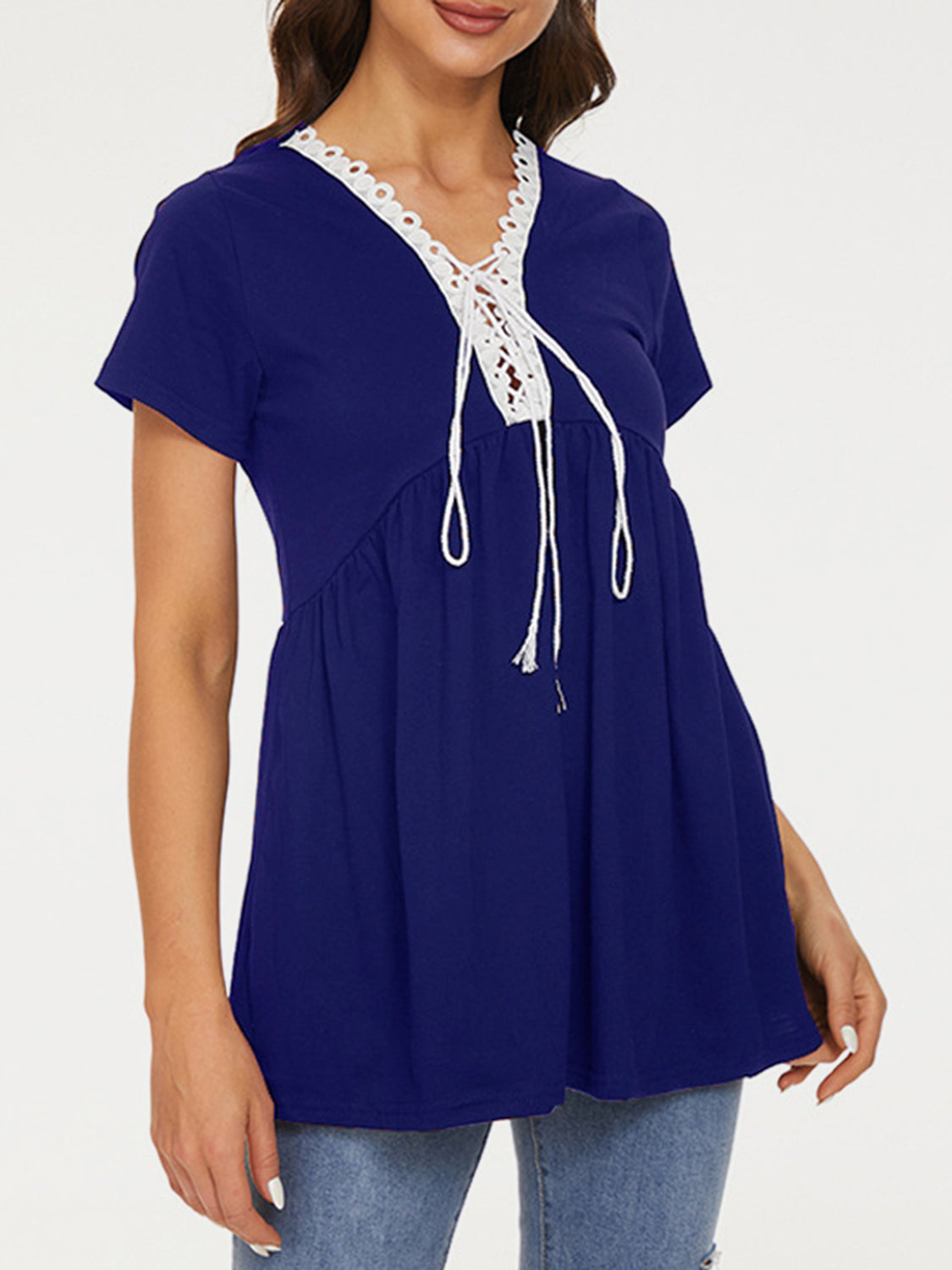 STUNNLY  Lace Detail Tie Neck Short Sleeve T-Shirt Royal  Blue S 