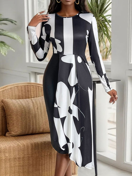 Asymmetrical Slit Round Neck Long Sleeve Midi Dress Black S 