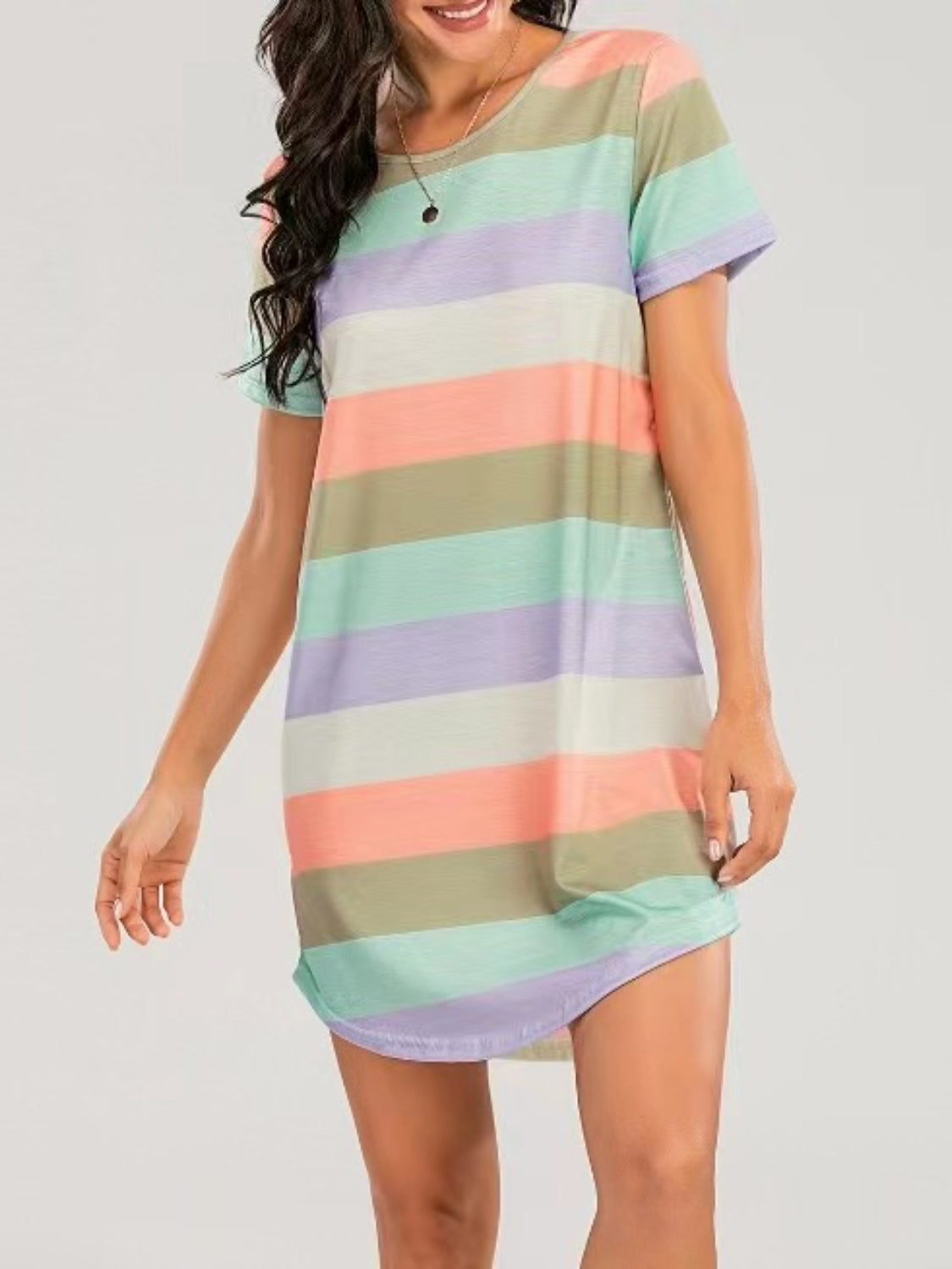 Striped Round Neck Short Sleeve Tee Dress   