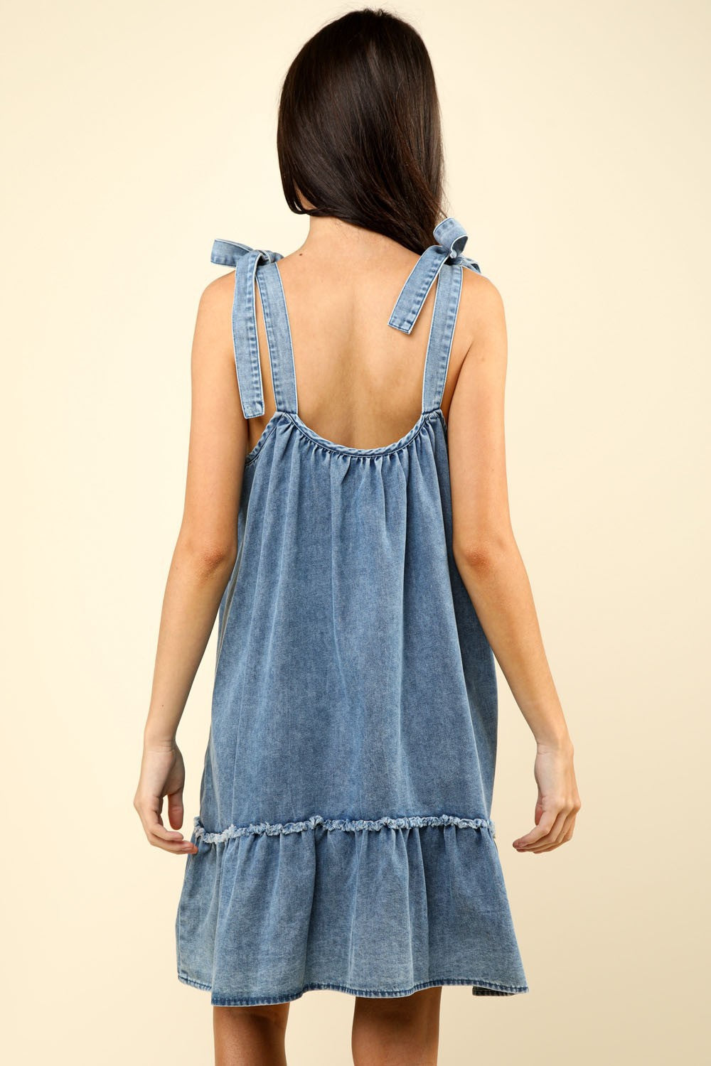 VERY J Shoulder Tie Washed Denim Mini Dress   