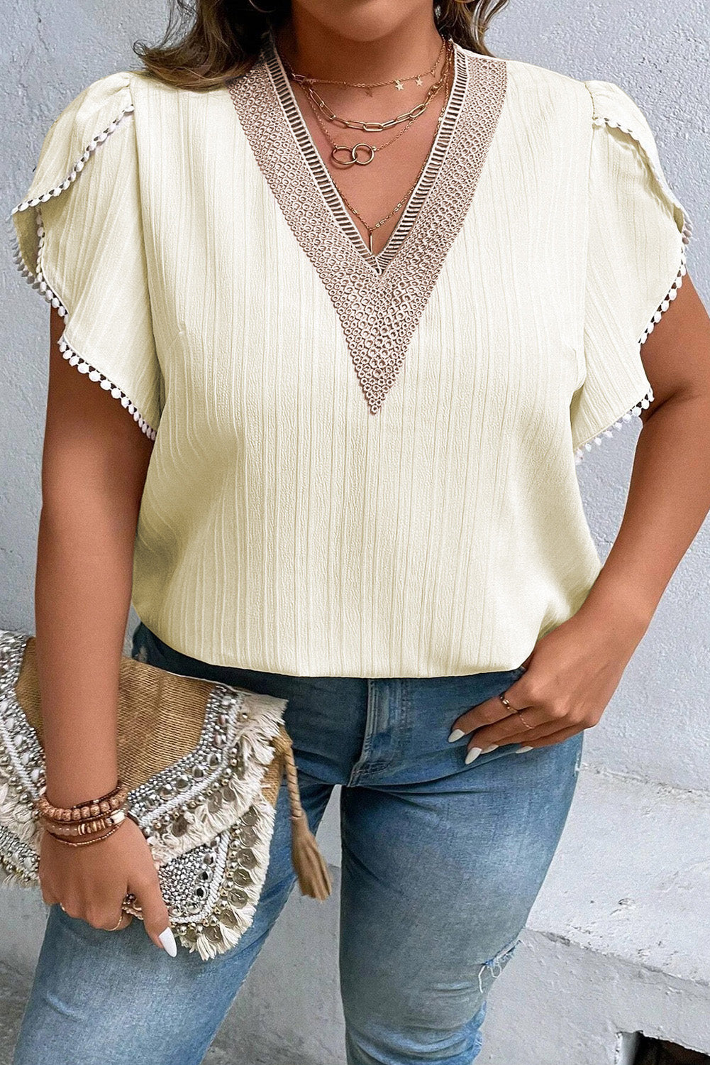 STUNNLY  Plus Size V-Neck Petal Sleeve Blouse   