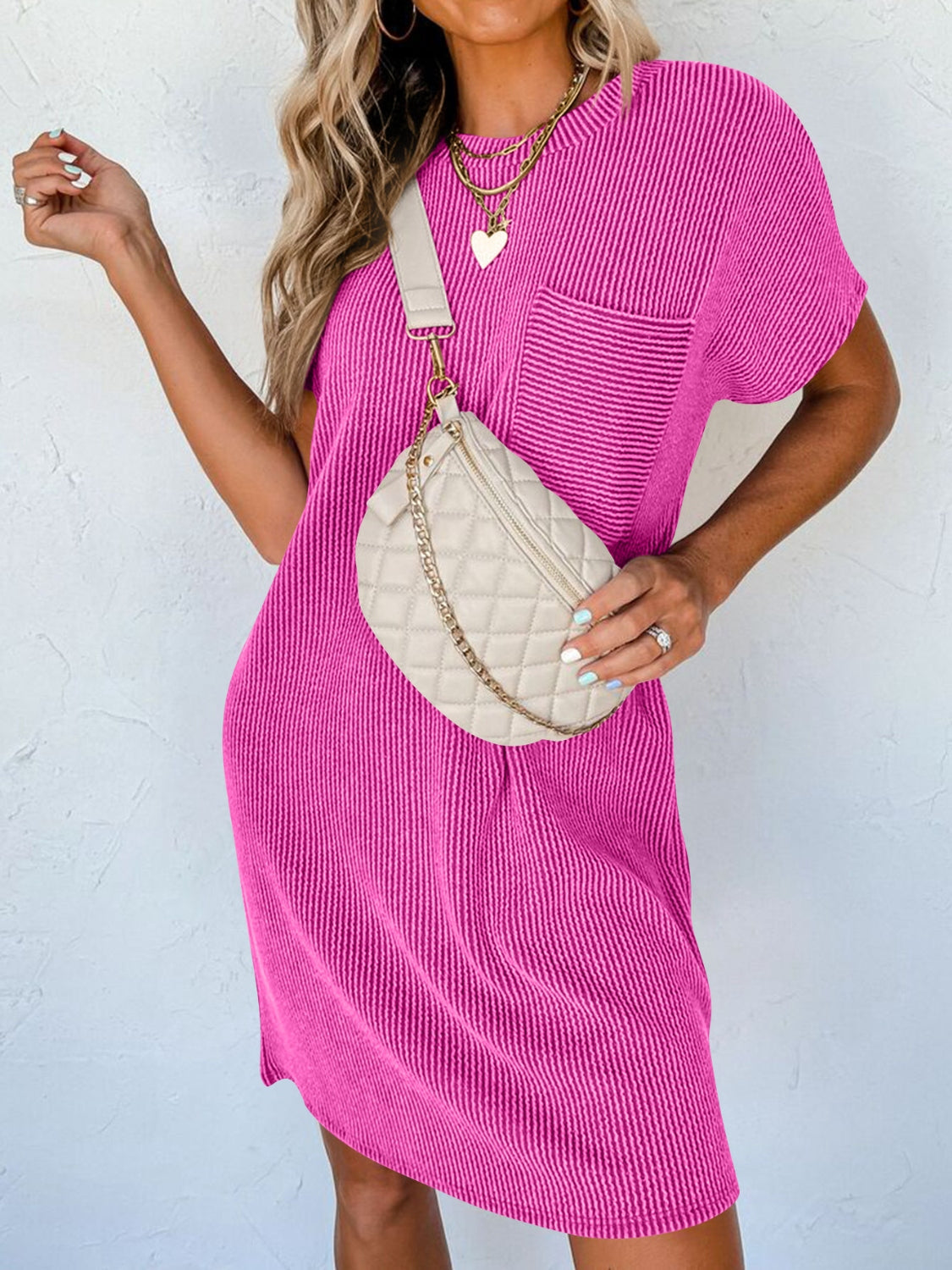 Round Neck Short Sleeve Mini Dress   