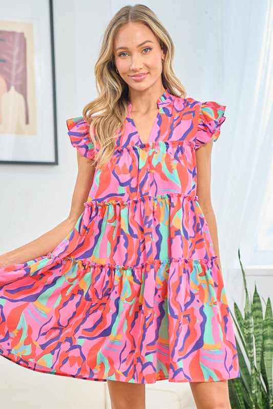 First Love Full Size Printed Ruffle Cap Sleeve Tiered Dress Multi S 