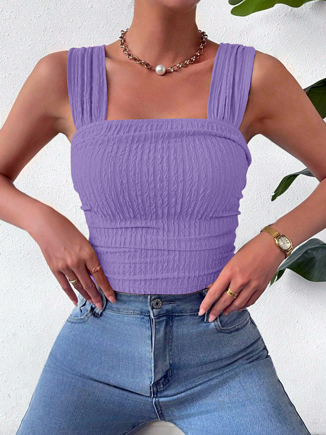 Textured Square Neck Wide Strap Tank Lavender S 