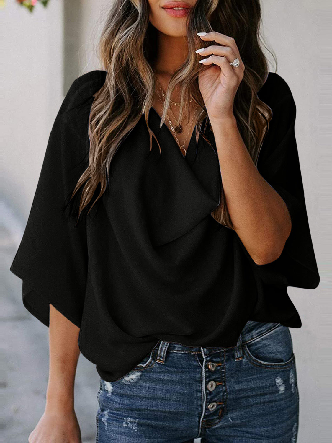 STUNNLY  Full Size Cowl Neck Three-Quarter Sleeve Blouse Black S 