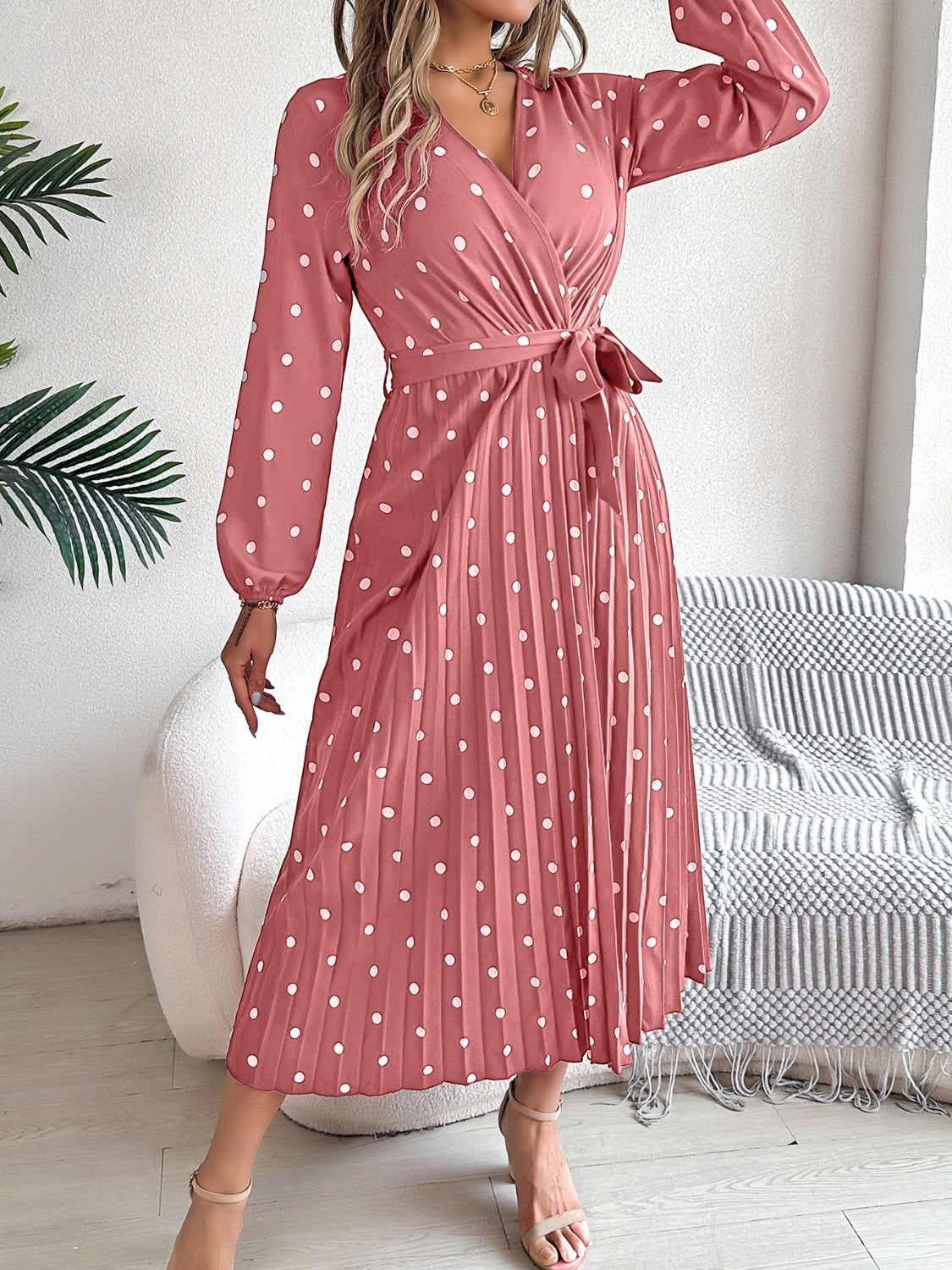 Tied Polka Dot Long Sleeve Midi Dress   