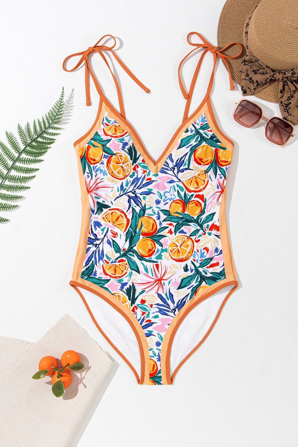 STUNNLY  Printed V-Neck Tie Shoulder One-Piece Swimwear   