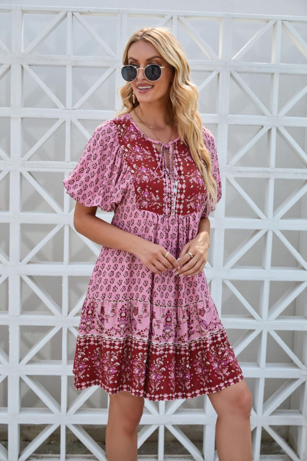 Printed Tie Neck Half Sleeve Dress Fuchsia Pink S 