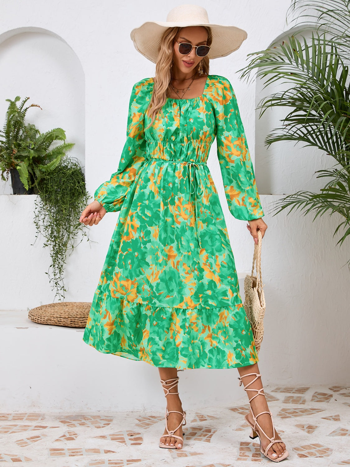 Printed Long Sleeve Midi Dress   