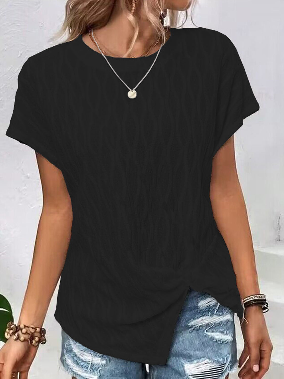 STUNNLY  Full Size Round Neck Short Sleeve T-Shirt Black S 