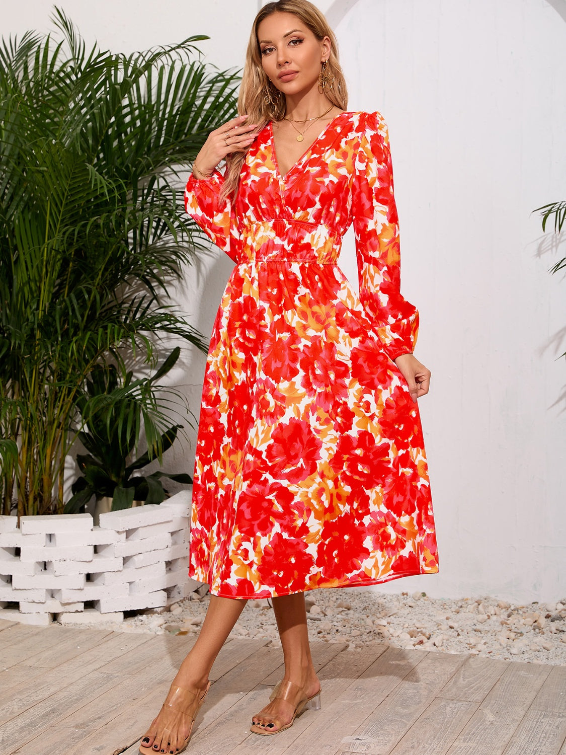 Printed Surplice Long Sleeve Midi Dress   