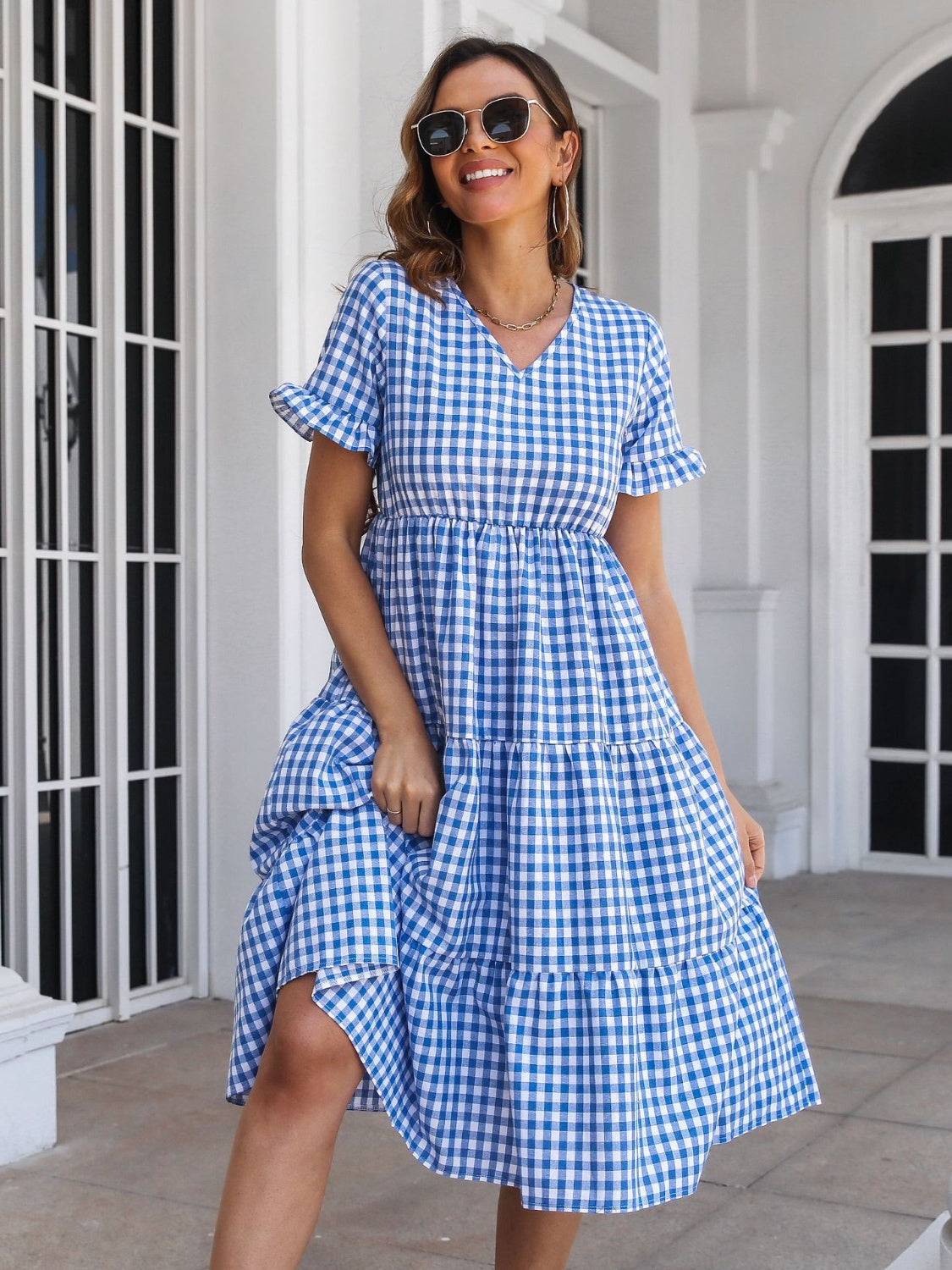 Plaid V-Neck Short Sleeve Midi Dress Blue S 