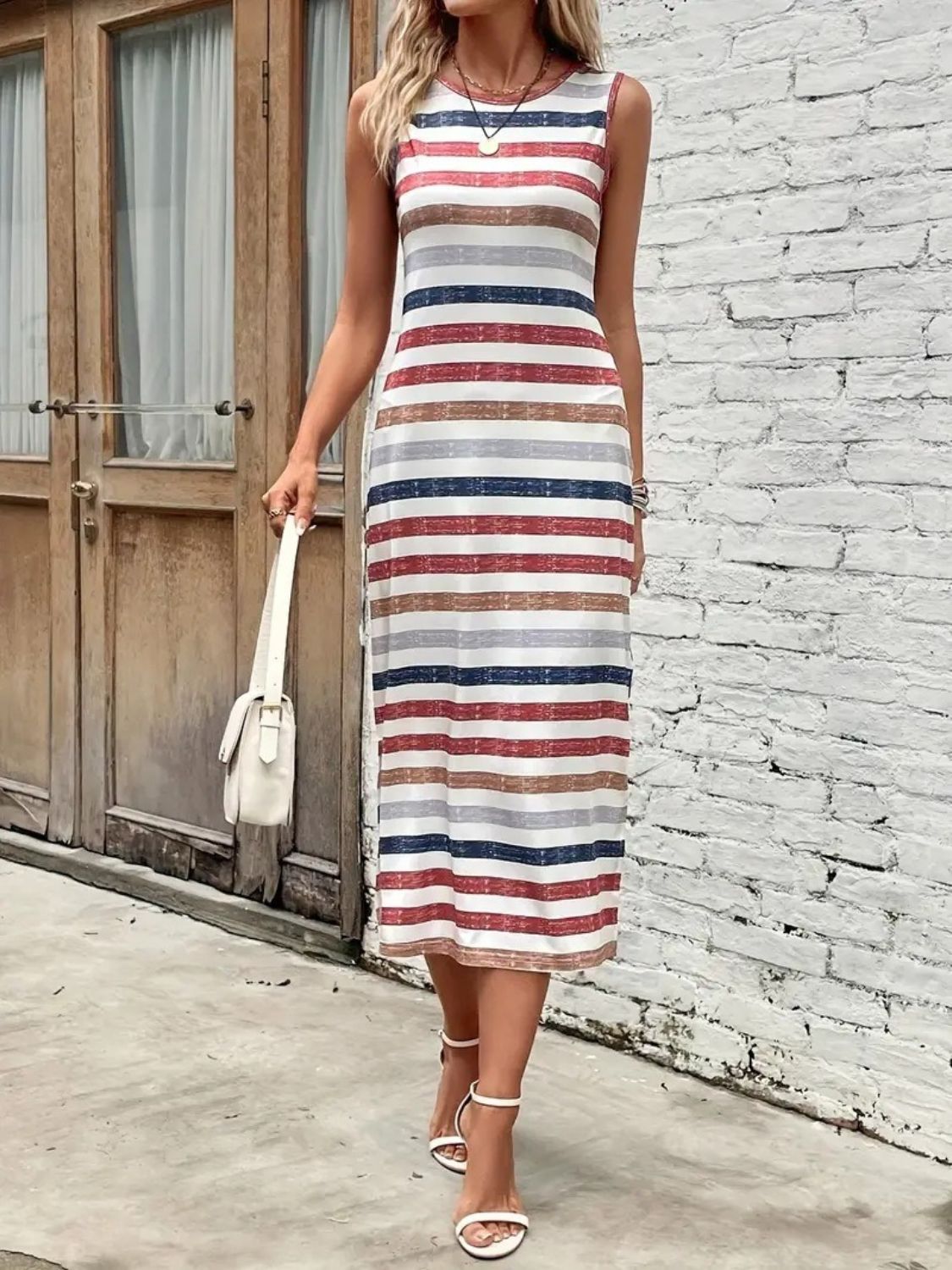 Slit Printed Round Neck Sleeveless Dress   