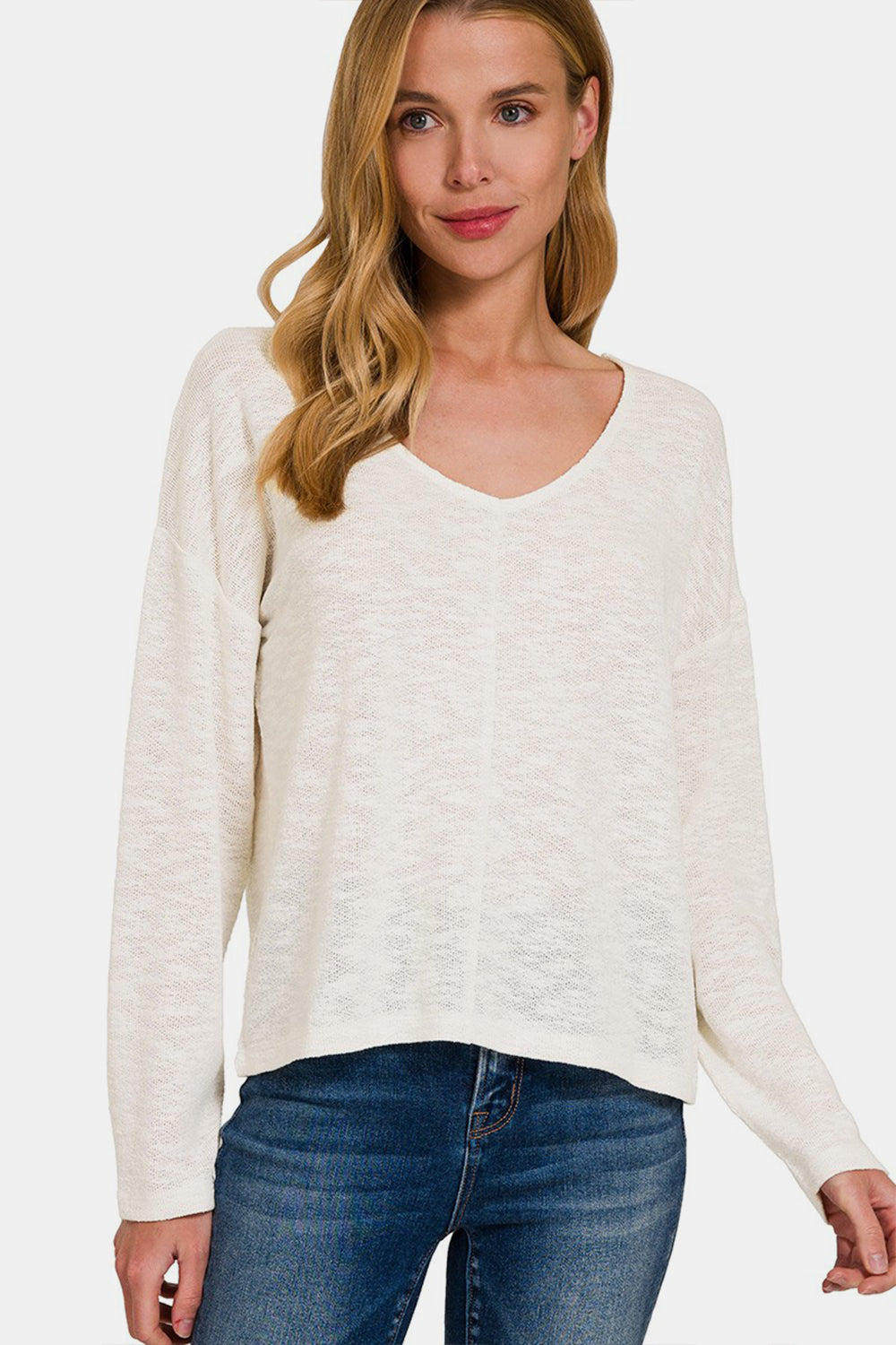 Zenana V-Neck Dropped Shoulder Long Sleeve T-Shirt Ivory S 