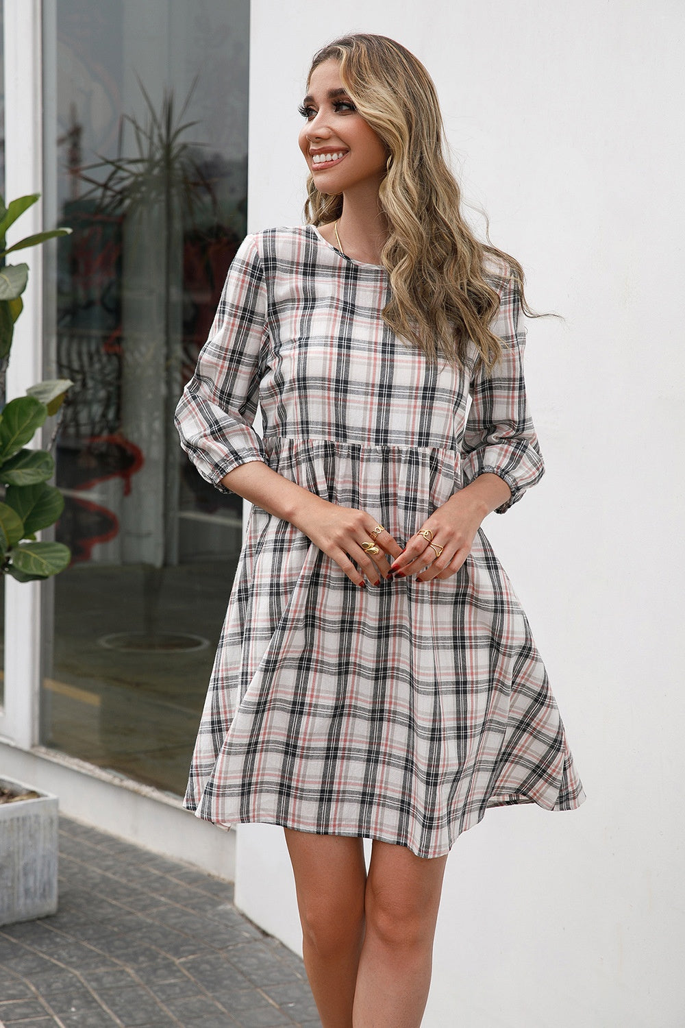 Plaid Round Neck Mini Dress   