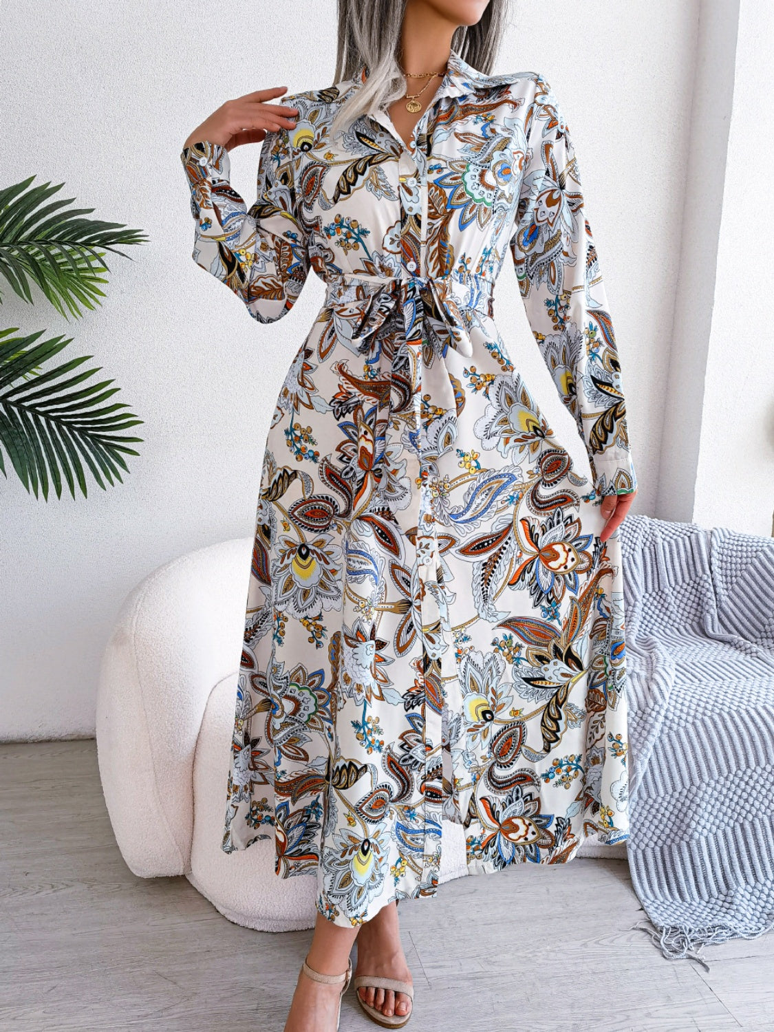 Tied Printed Long Sleeve Midi Dress White S 