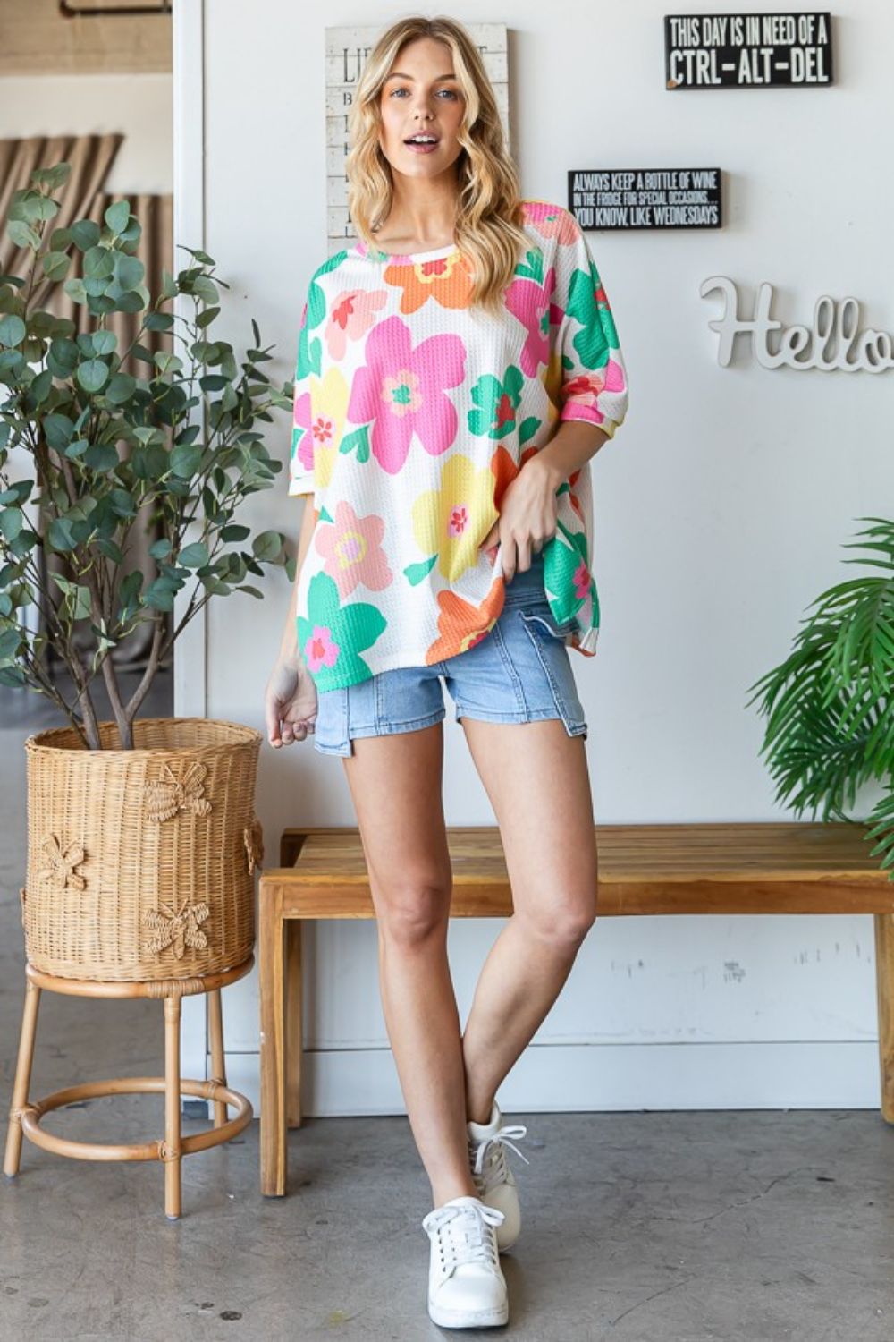 HOPELY Floral Waffle Oversize T-Shirt   