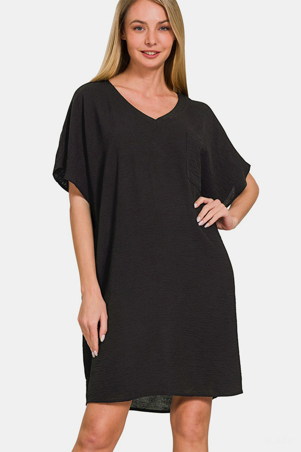 Zenana V-Neck Tee Dress with Pockets Black S 