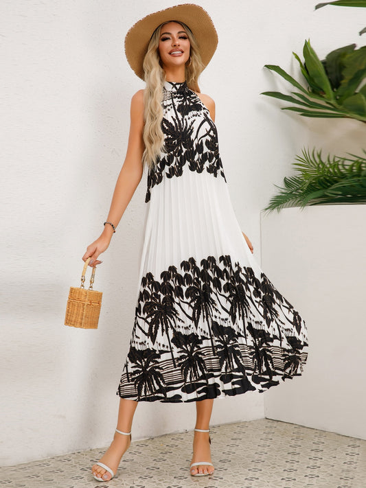 Tied Printed Sleeveless Midi Dress Black S 