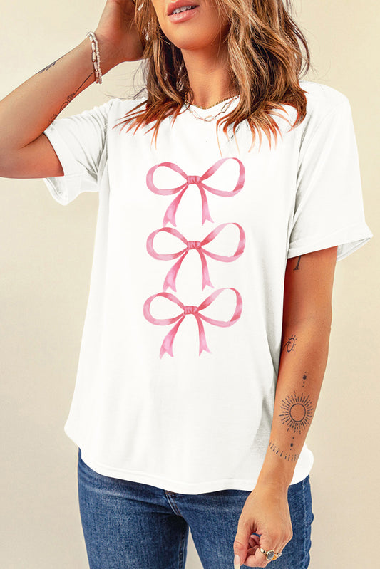 STUNNLY  Bow Graphic Round Neck Short Sleeve T-Shirt White S 