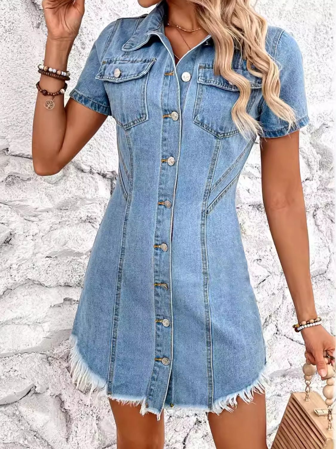 Raw Hem Button Up Short Sleeve Denim Dress Light XS 