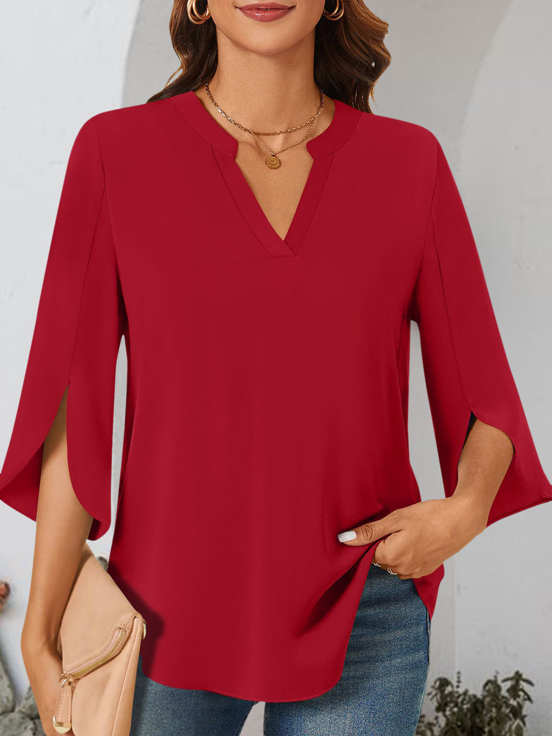 Notched Slit Half Sleeve Blouse   