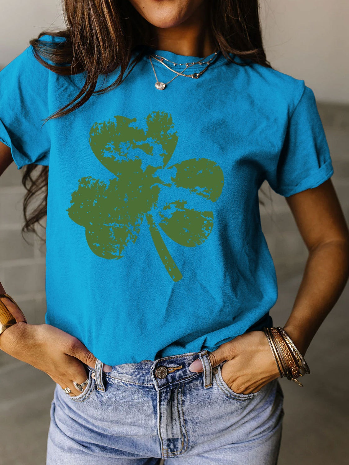 STUNNLY  Full Size Lucky Clover Round Neck Short Sleeve T-Shirt Ultra marine S 