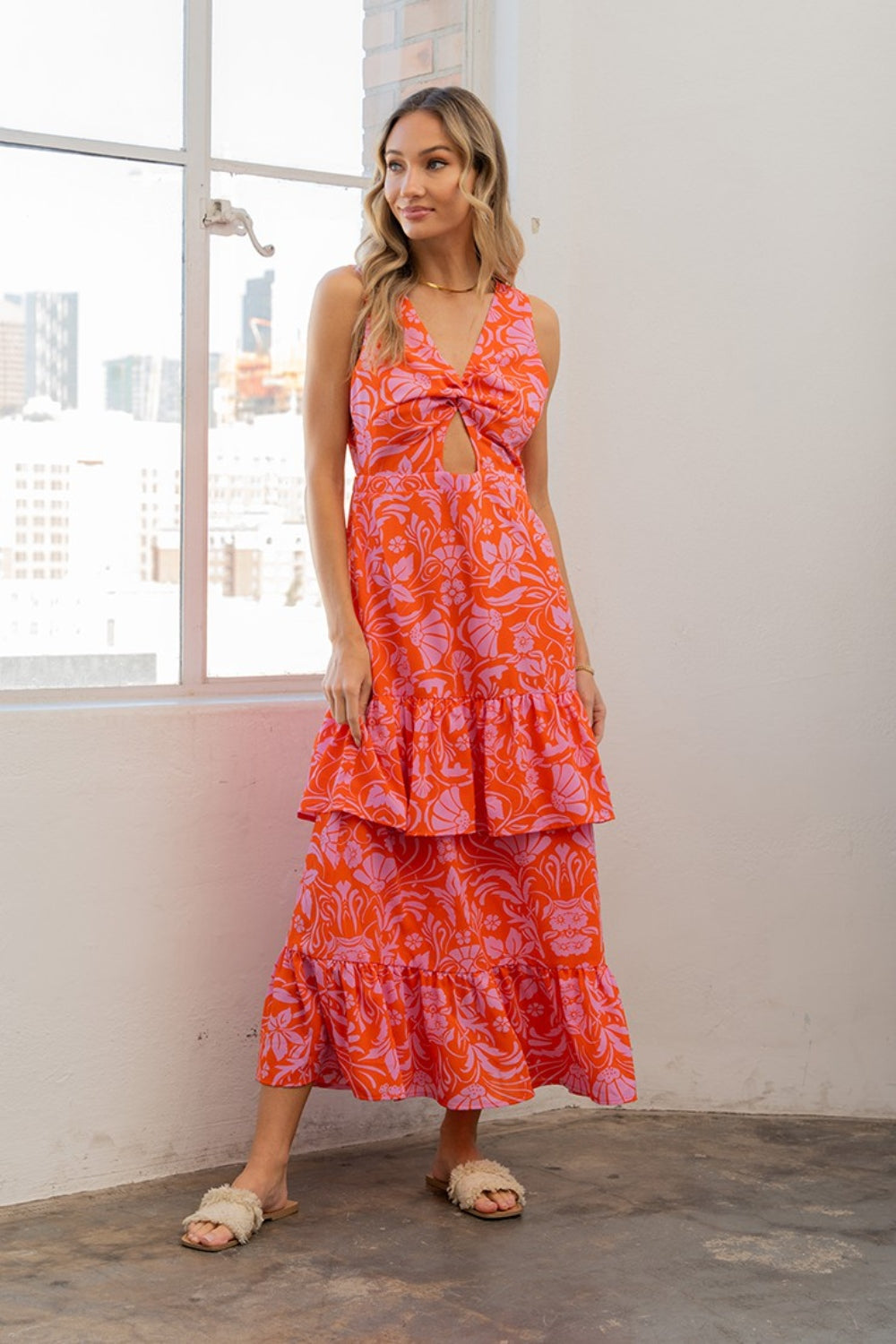 Sew In Love Full Size Floral Ruffled Maxi Sleeveless Dress Orange/Violet S 