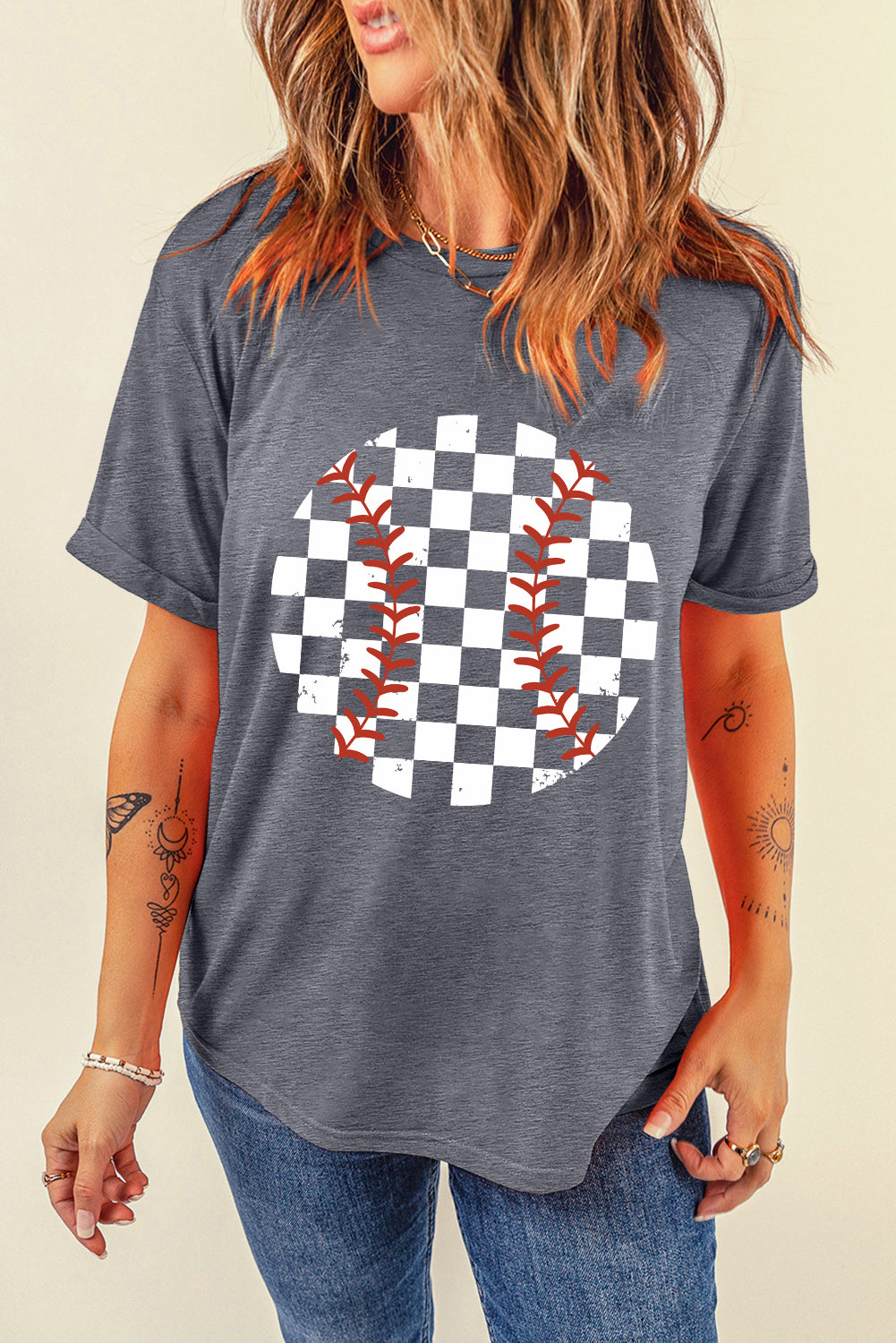 Checkered Graphic Round Neck Short Sleeve T-Shirt   