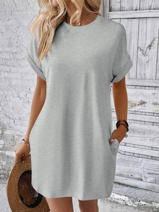 Round Neck Short Sleeve Mini Dress Light Gray S 