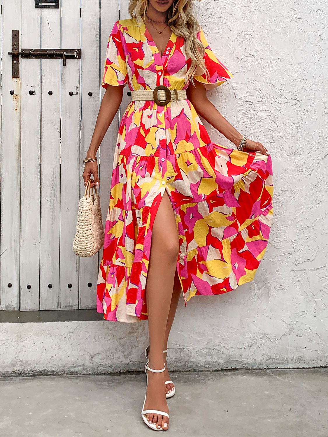 Printed V-Neck Flutter Sleeve Midi Dress   