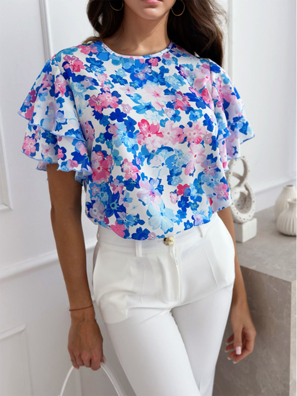 Floral Round Neck Flutter Sleeve Blouse   