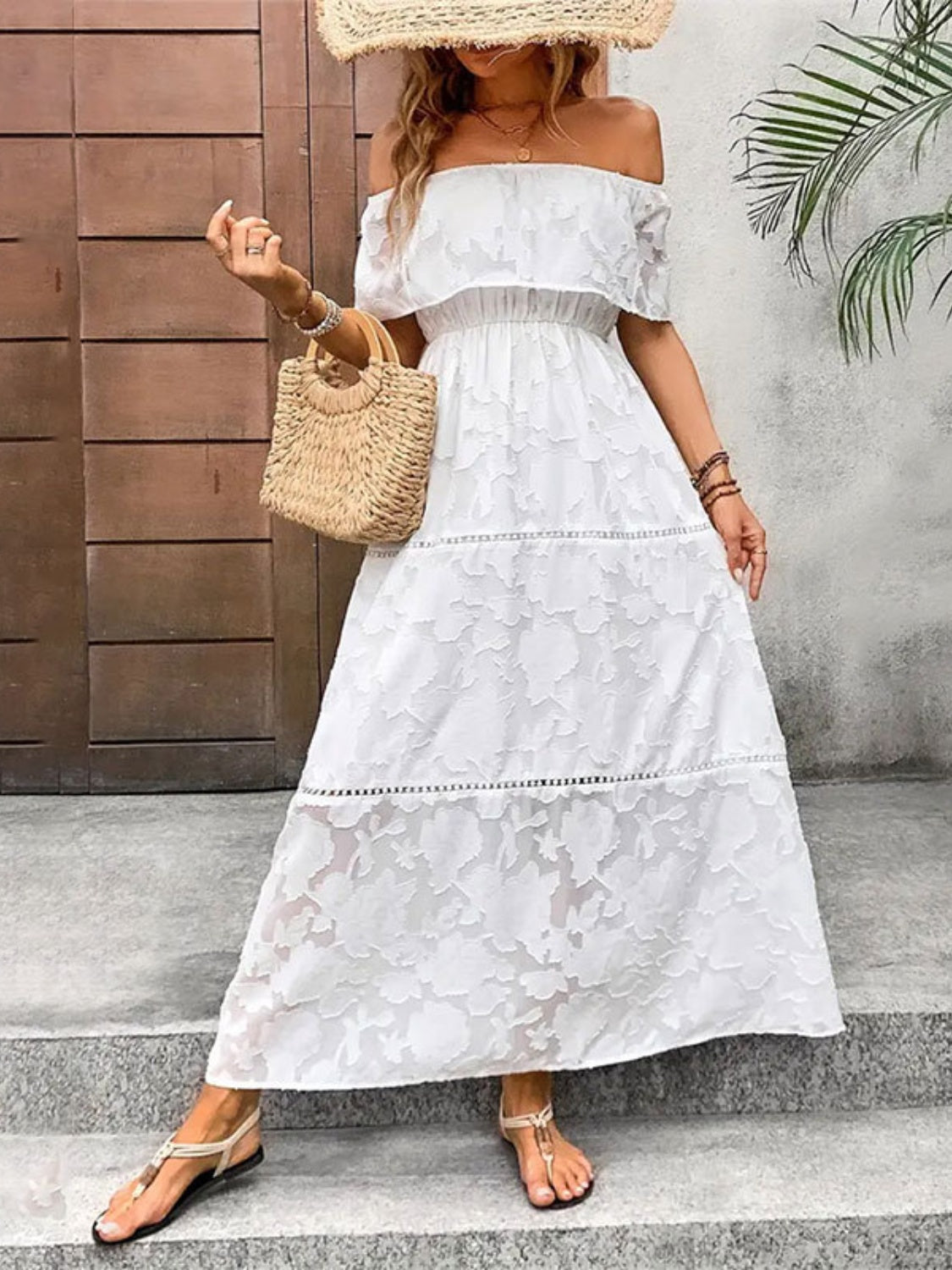 Off-Shoulder Short Sleeve Maxi Dress   