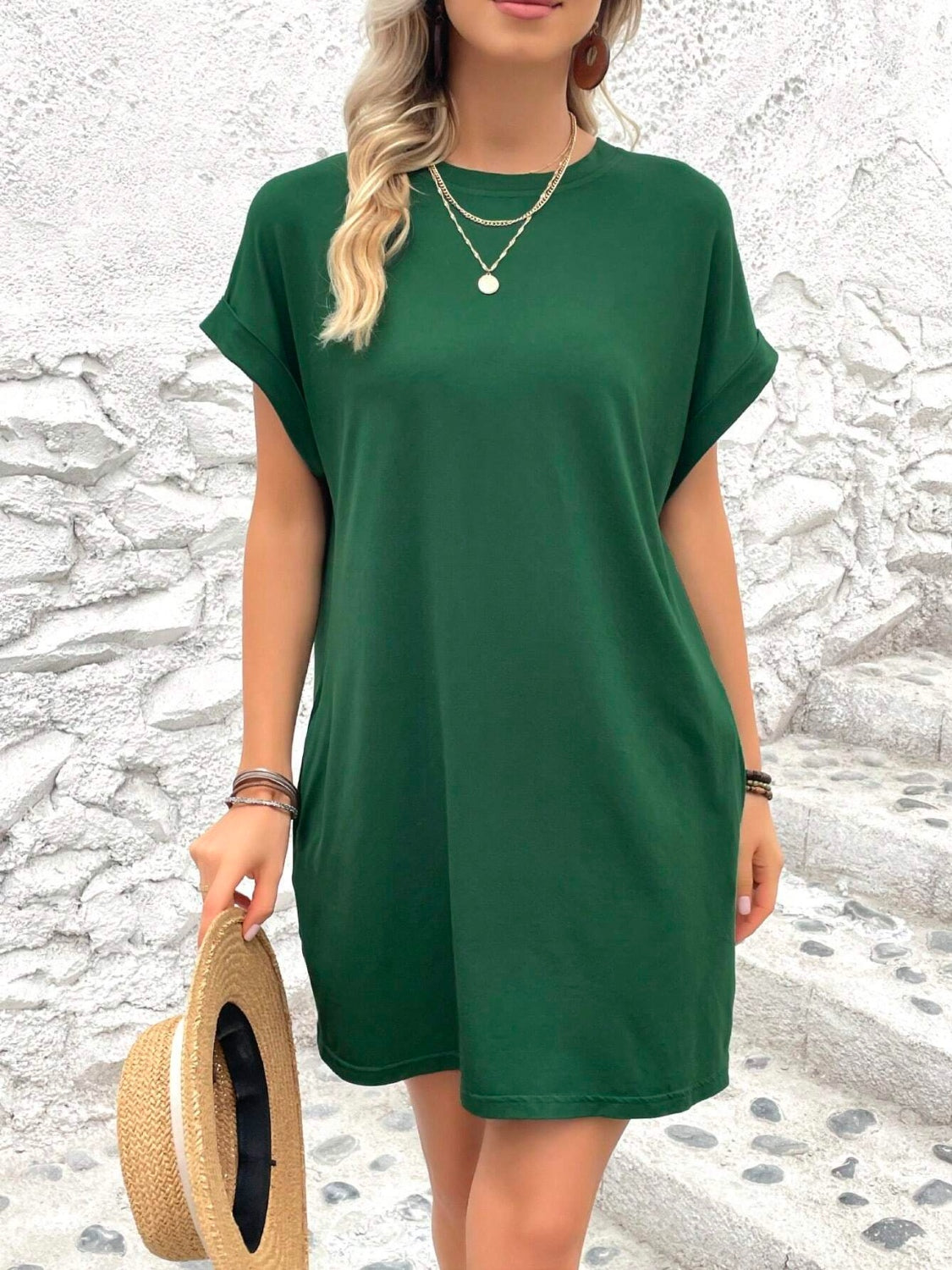 Round Neck Short Sleeve Mini Dress Dark Green S 