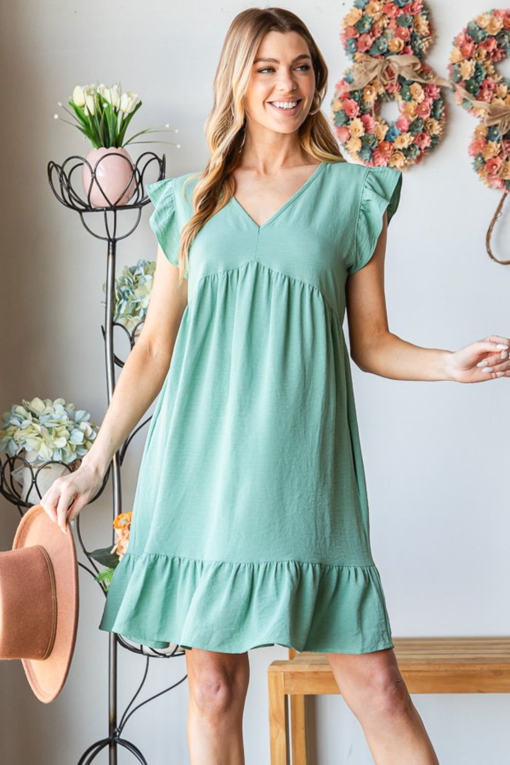 Heimish Full Size Short Sleeve V Neck Ruffled Hem Dress Dusty Sage S 