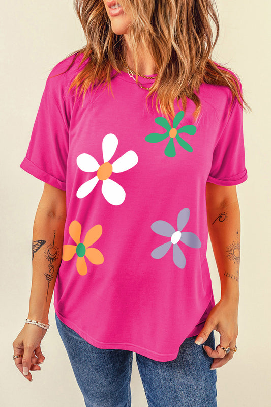 STUNNLY  Flower Round Neck Short Sleeve T-Shirt Hot Pink S 