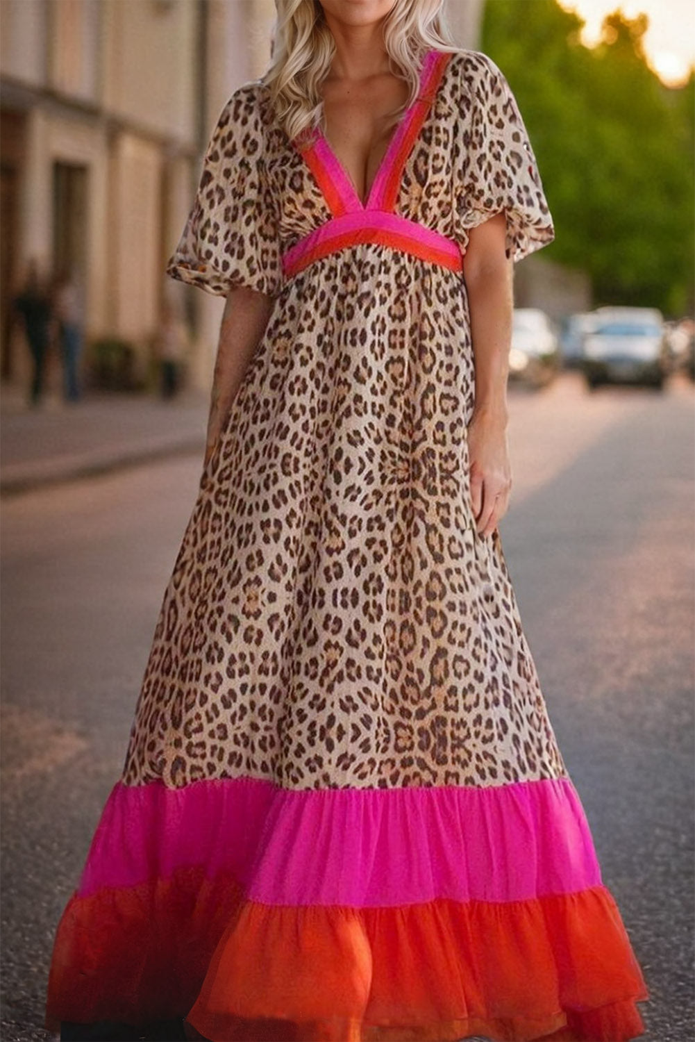 Full Size Leopard V-Neck Half Sleeve Maxi Dress Leopard S 