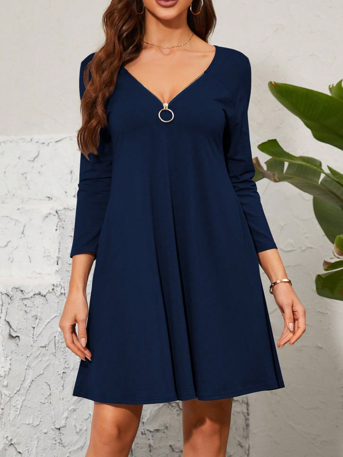 Quarter Zip Long Sleeve Dress Navy S 