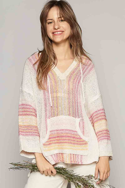 POL Striped Hooded Long Sleeve Sweater Natural Multi S 