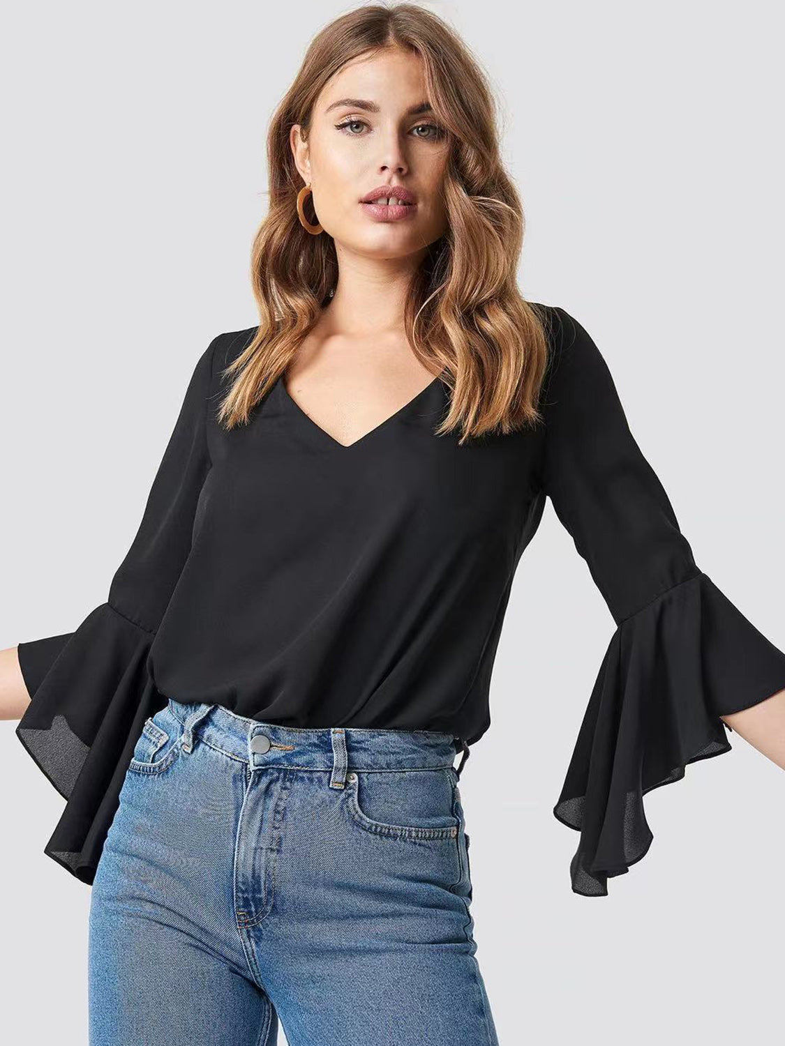 STUNNLY  V-Neck Flounce Sleeve Blouse Black S 