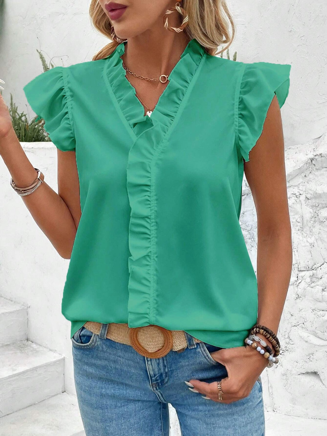 STUNNLY  Ruffled V-Neck Cap Sleeve Blouse Teal S 