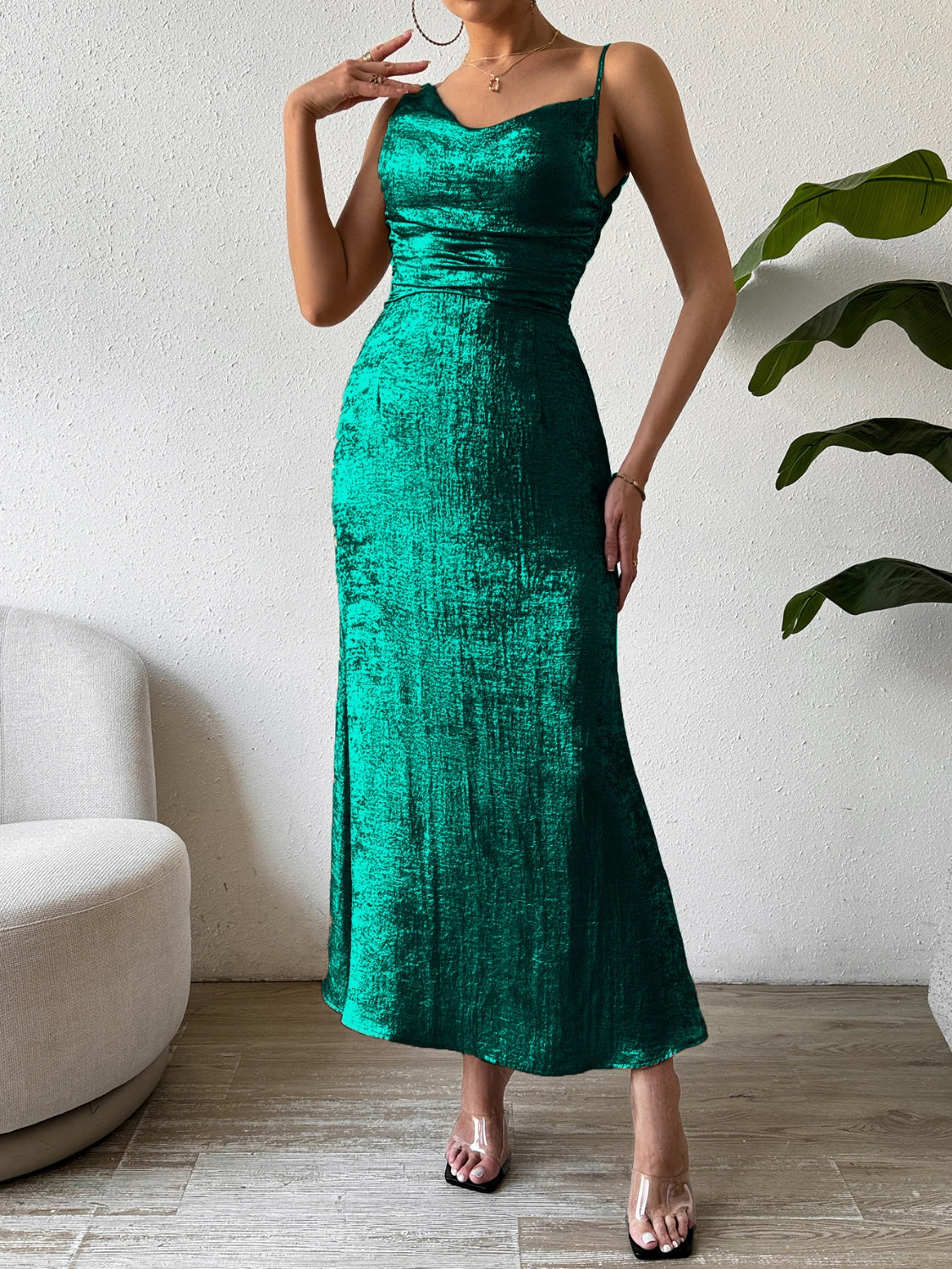 Asymmetric Neck Sleeveless Midi Dress Dark Green S 