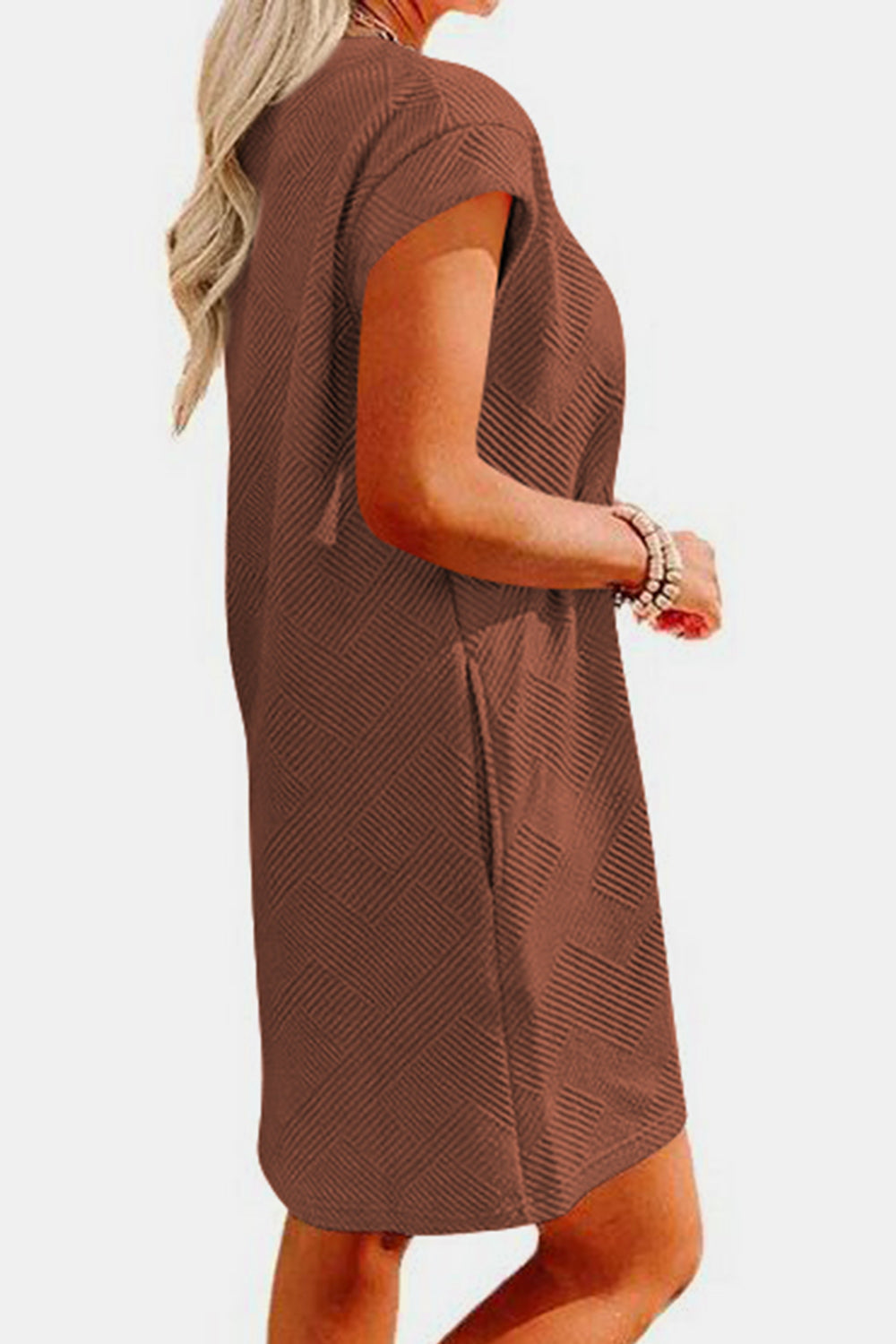 STUNNLY  Textured Round Neck Cap Sleeve Dress Chestnut S 