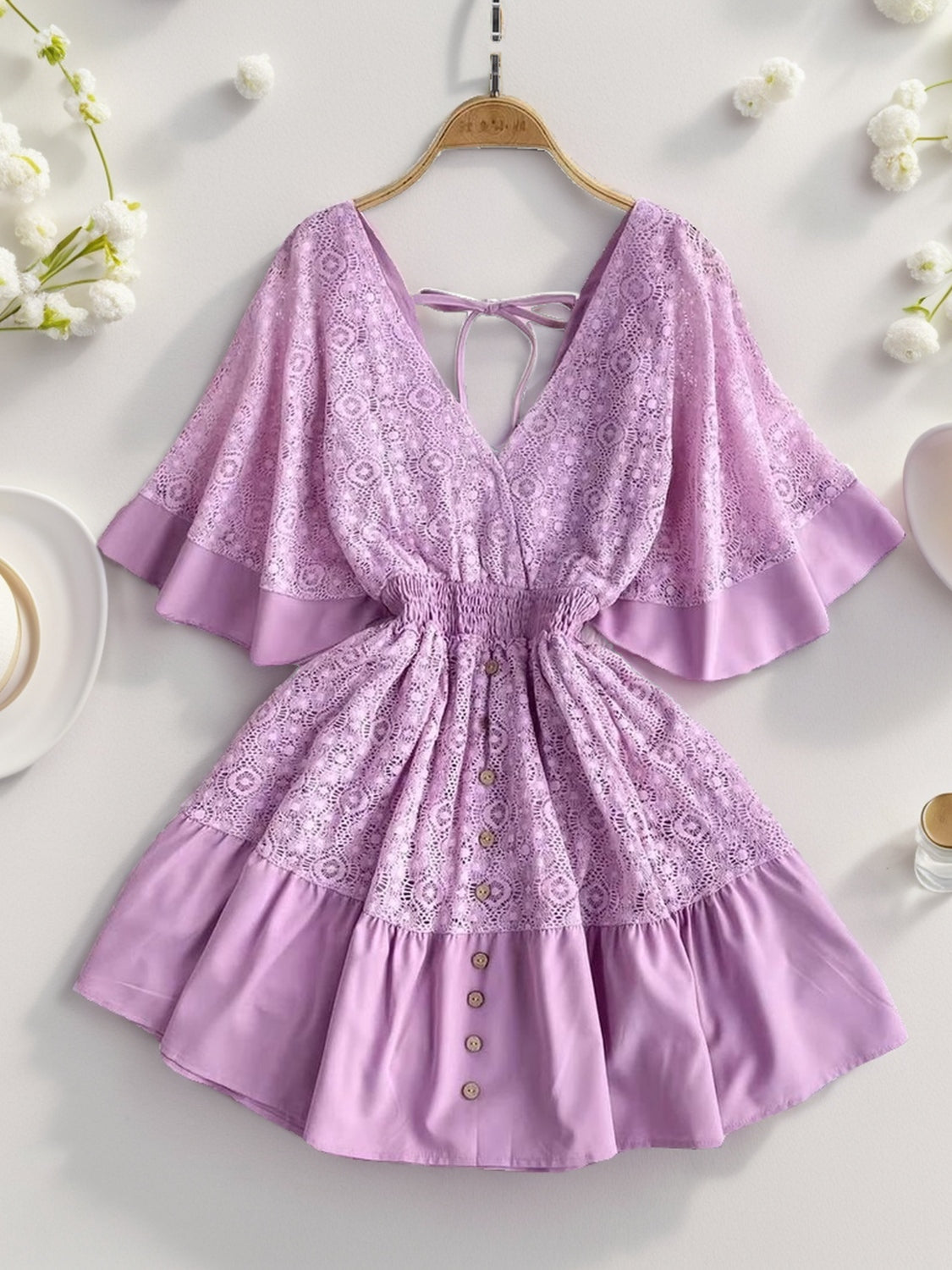 Lace Cutout Half Sleeve Mini Dress Lavender S 