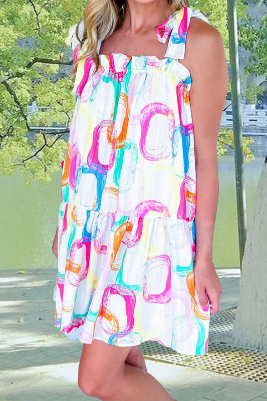 Tied Printed Sleeveless Mini Dress White S 