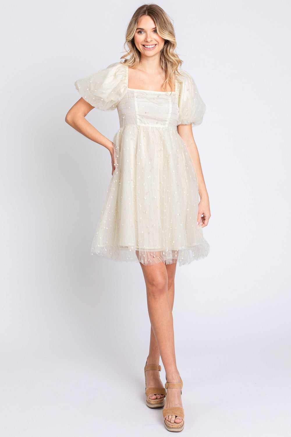 GeeGee Pearl Mesh Puff Sleeve Babydoll Dress Cream S 