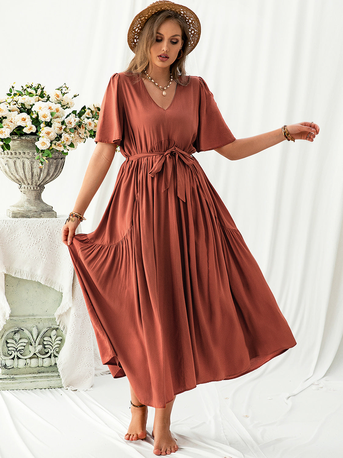 Plus Size V-Neck Flutter Sleeve Midi Dress Rust 0XL 